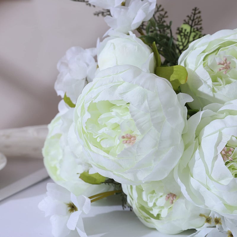 Duovlo باقة Duovlo Springs Flowers من الحرير الاصطناعي الفاوانيا لتزيين المنزل والزفاف حزمة من 1 (أبيض ربيعي) - Image 5